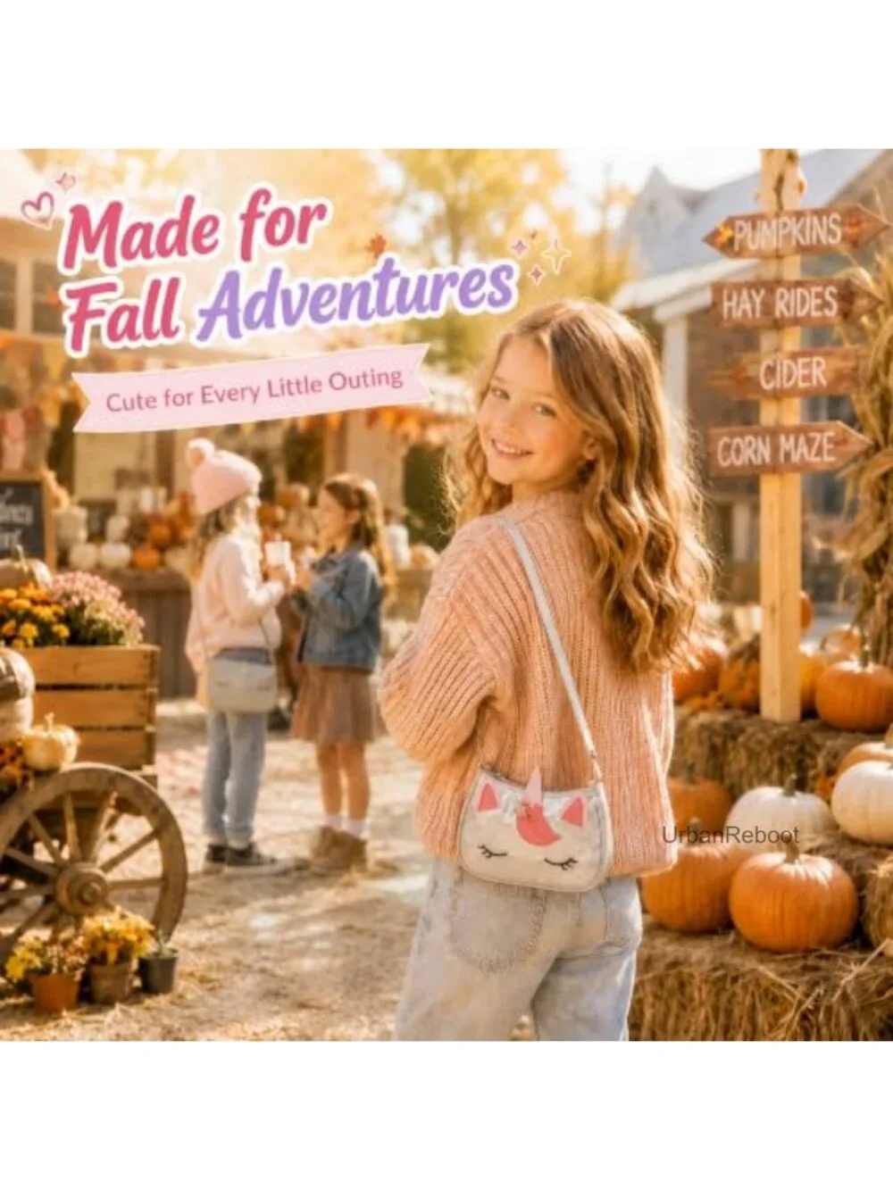 Girls Unicorn Print Faux Leather Shoulder Handbag Zipper Kids Purse